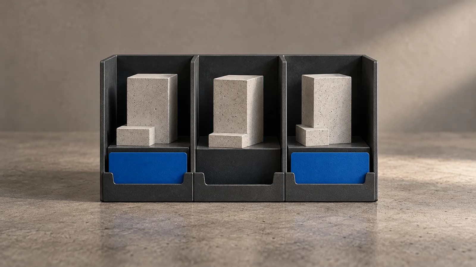 Kobalt kayıt kartlı beton modeller; ortadaki kart eksik.