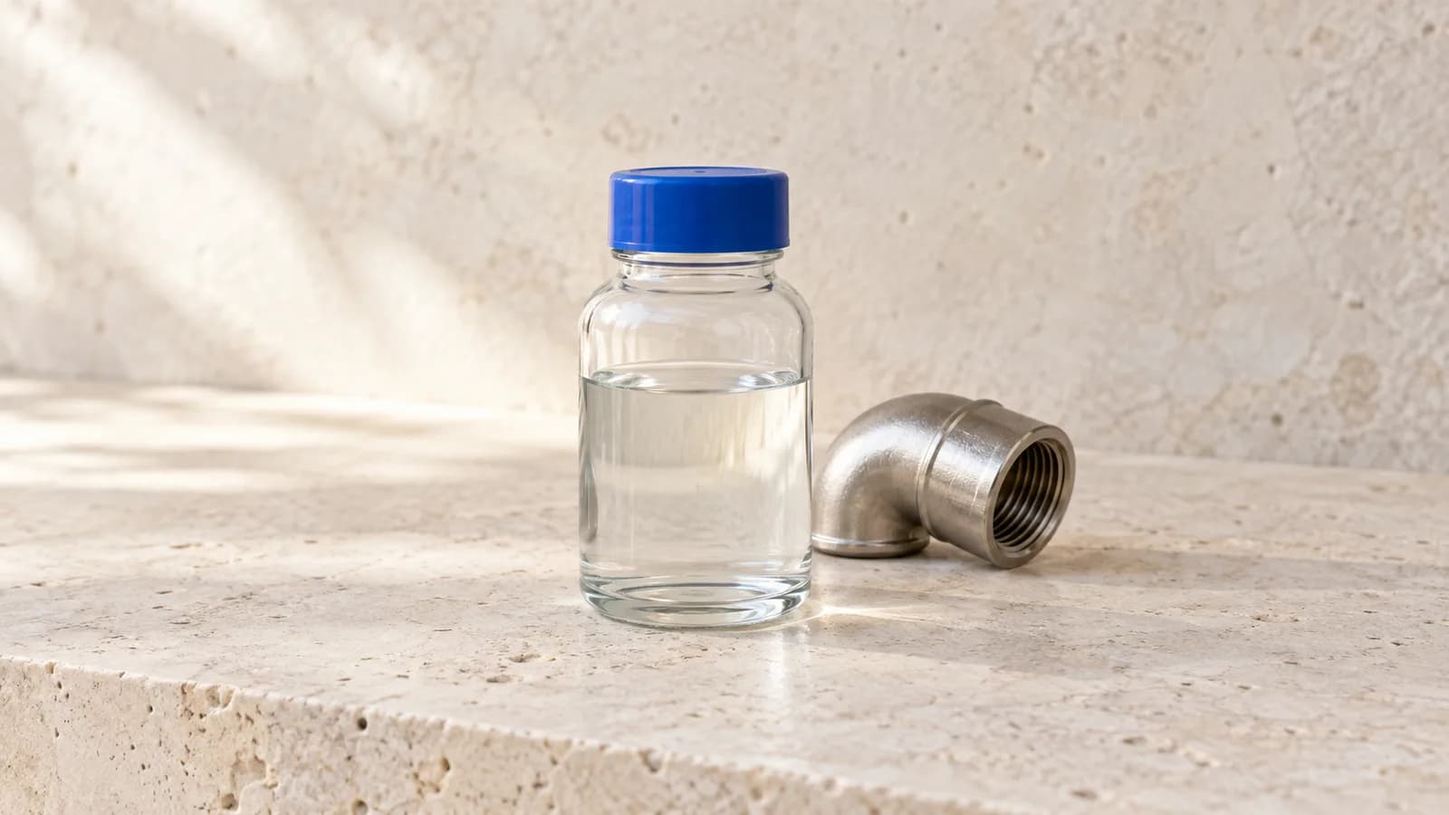 A sealed water sample bottle with a cobalt cap beside a steel pipe elbow on pale limestone