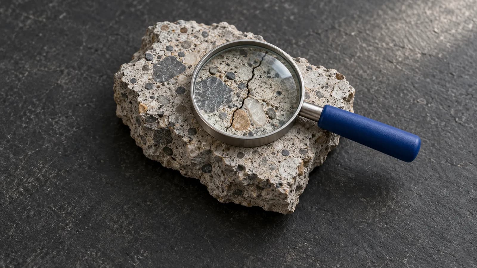 A plain inspection lens with a cobalt handle magnifies a fissure in a concrete specimen on charcoal stone