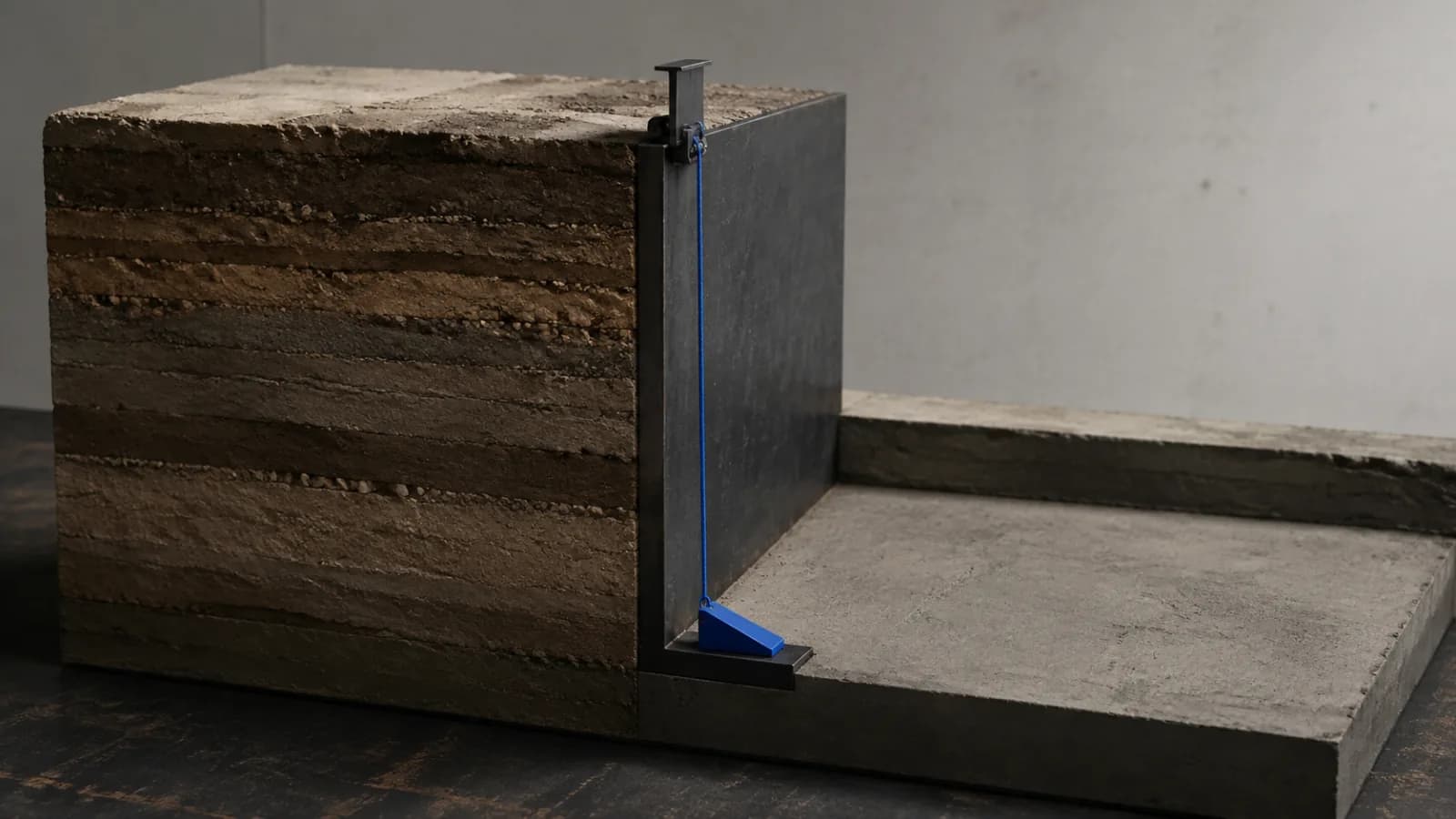 A layered earth cut restrained by a dark retaining frame, with one taut cobalt plumb line linking the ground to a physical action wedge
