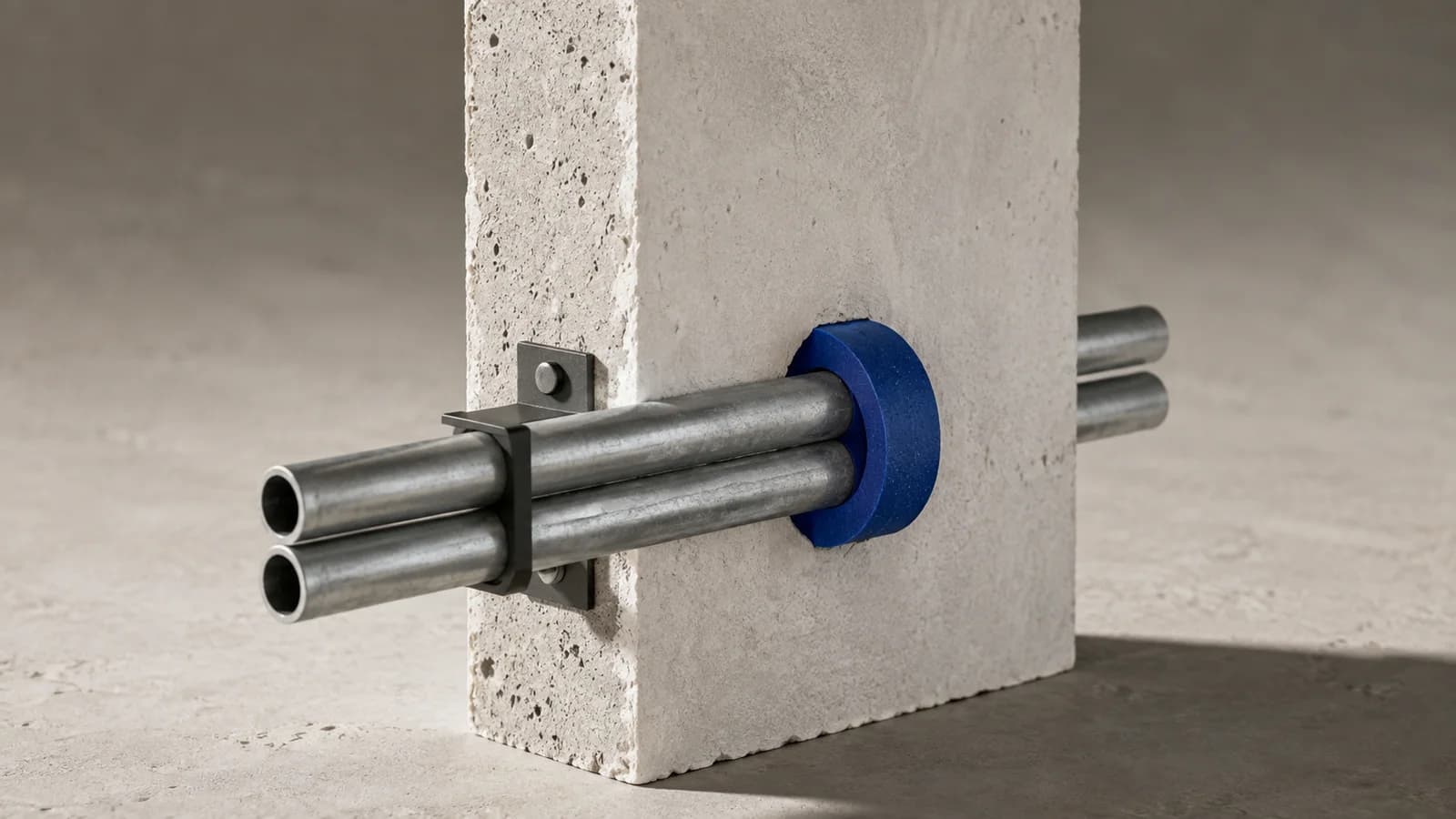 Two supported steel conduits pass through a pale mineral wall within one precisely fitted cobalt penetration seal