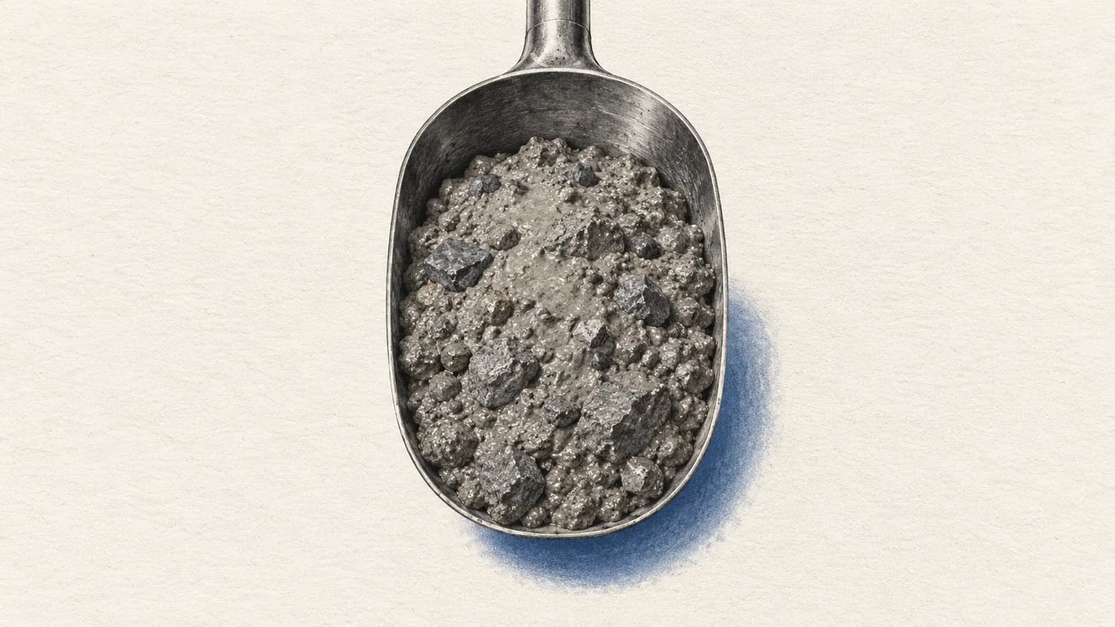 A concrete-filled steel scoop in a charcoal-and-cobalt print.